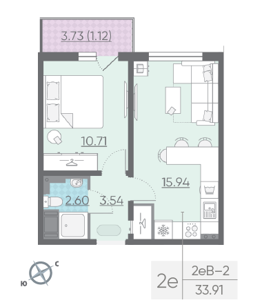 Однокомнатная квартира 33.91 м²