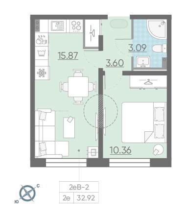 Однокомнатная квартира 32.92 м²