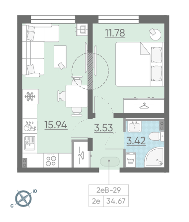 Однокомнатная квартира 34.67 м²