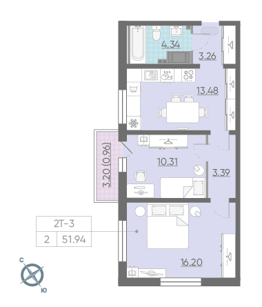 Двухкомнатная квартира 51.94 м²