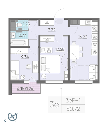 Двухкомнатная квартира 50.72 м²