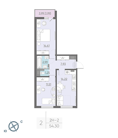Двухкомнатная квартира 54.3 м²