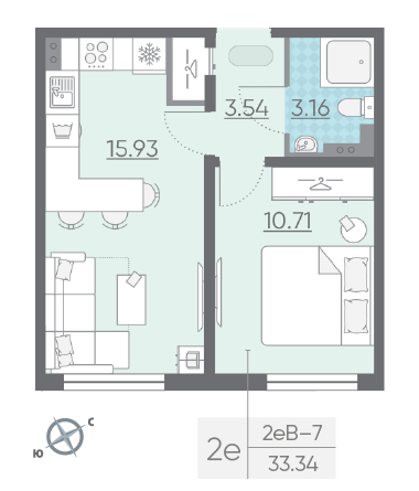 Однокомнатная квартира 33.34 м²