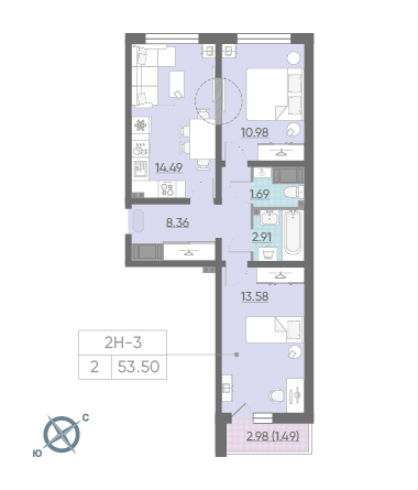 Двухкомнатная квартира 53.5 м²