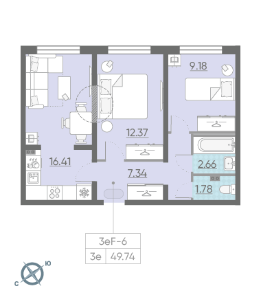 Двухкомнатная квартира 49.74 м²