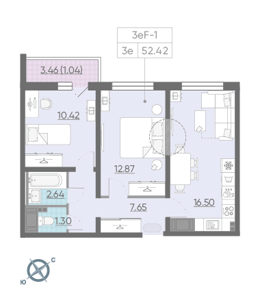 Двухкомнатная квартира 52.42 м²