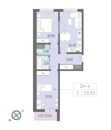 Двухкомнатная квартира 53.53 м²