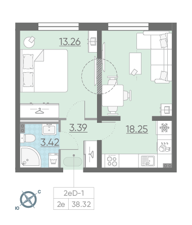 Однокомнатная квартира 38.32 м²