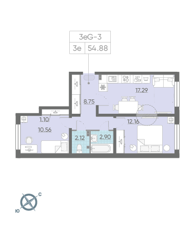 Двухкомнатная квартира 54.88 м²