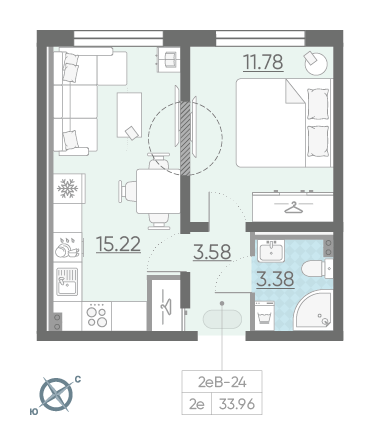 Однокомнатная квартира 33.96 м²