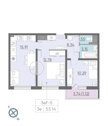 Двухкомнатная квартира 53.14 м²