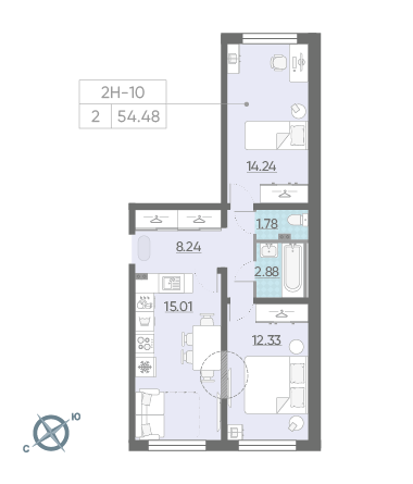 Двухкомнатная квартира 54.48 м²