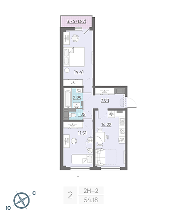 Двухкомнатная квартира 54.18 м²