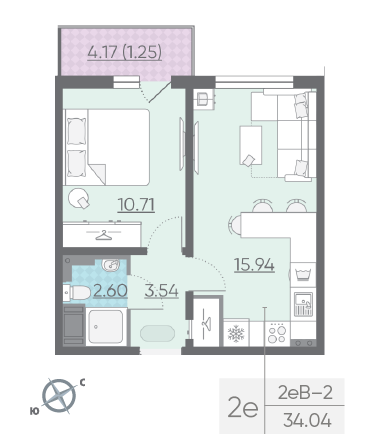 Однокомнатная квартира 34.04 м²