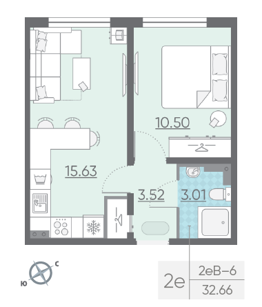 Однокомнатная квартира 32.66 м²