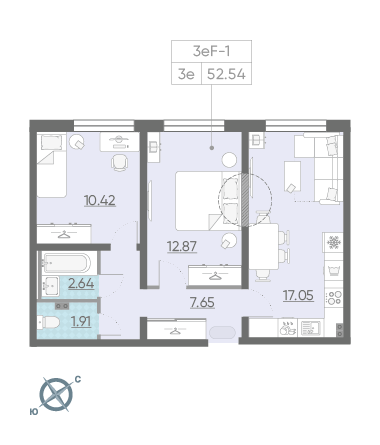 Двухкомнатная квартира 52.54 м²