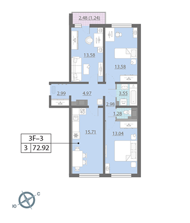 Трёхкомнатная квартира 72.92 м²