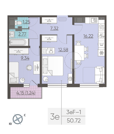 Двухкомнатная квартира 50.72 м²