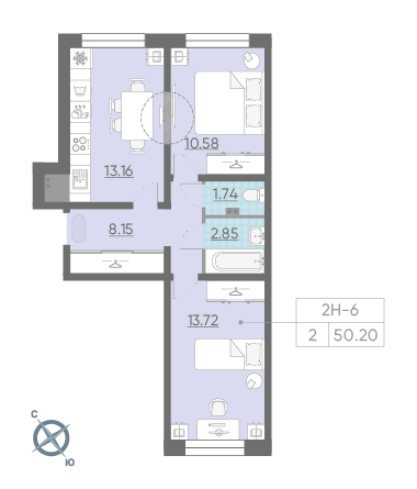 Двухкомнатная квартира 50.2 м²