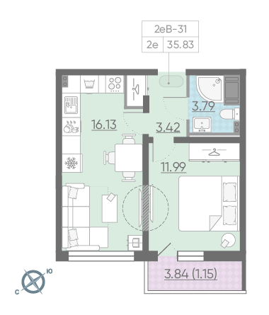 Однокомнатная квартира 35.83 м²