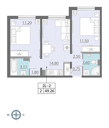 Двухкомнатная квартира 49.26 м²