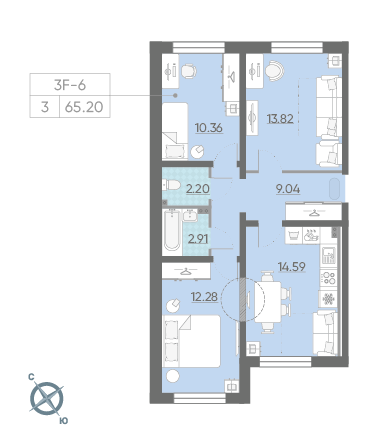 Трёхкомнатная квартира 65.2 м²