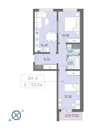 Двухкомнатная квартира 53.54 м²