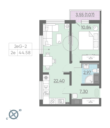 Однокомнатная квартира 44.58 м²