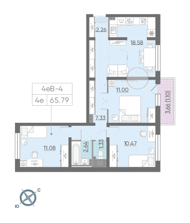 Трёхкомнатная квартира 65.79 м²