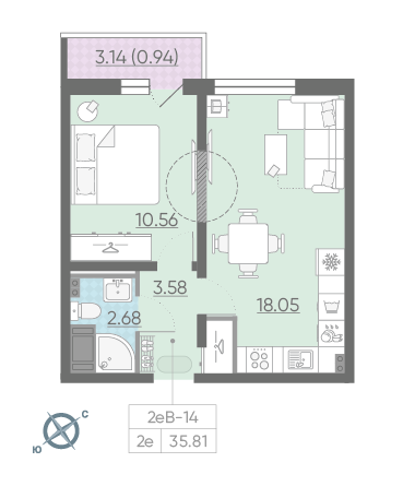 Однокомнатная квартира 35.81 м²
