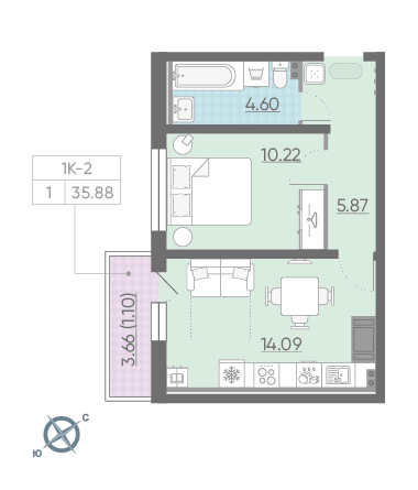Однокомнатная квартира 35.88 м²
