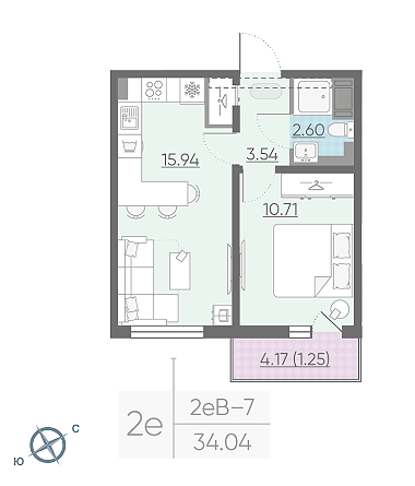 Однокомнатная квартира 34.04 м²