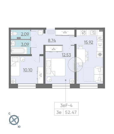 Двухкомнатная квартира 52.47 м²
