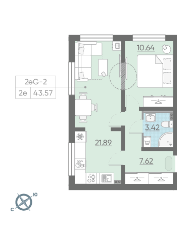 Однокомнатная квартира 43.57 м²