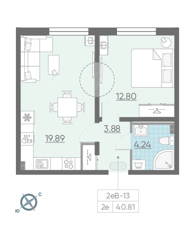 Однокомнатная квартира 40.81 м²