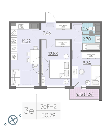 Двухкомнатная квартира 50.79 м²