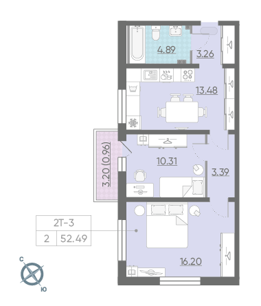 Двухкомнатная квартира 52.49 м²