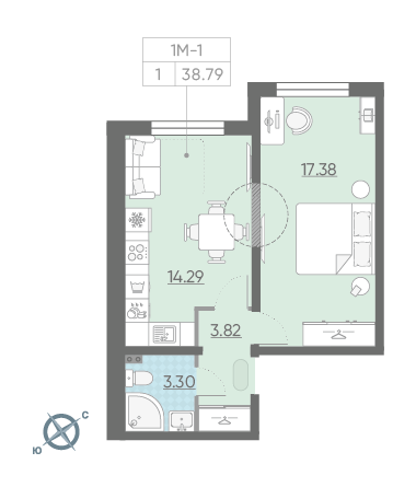 Однокомнатная квартира 38.79 м²