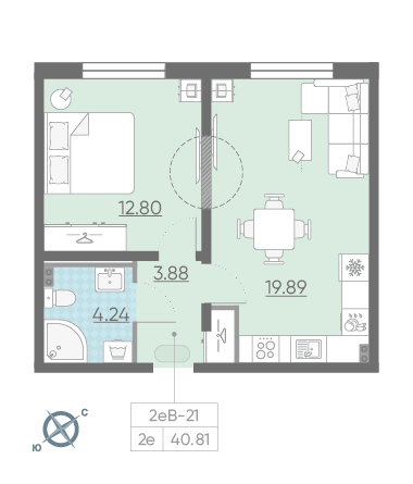 Однокомнатная квартира 40.81 м²