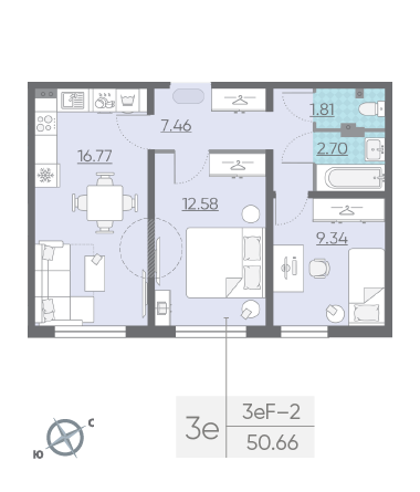 Двухкомнатная квартира 50.66 м²