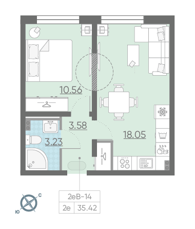 Однокомнатная квартира 35.42 м²