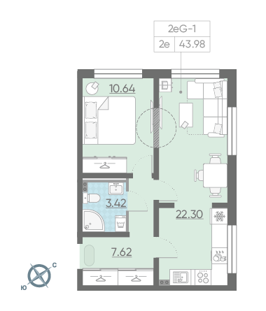 Однокомнатная квартира 43.98 м²