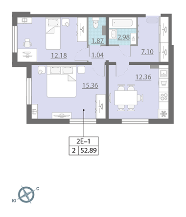 Двухкомнатная квартира 52.89 м²