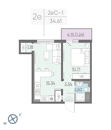 Однокомнатная квартира 34.61 м²