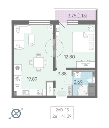 Однокомнатная квартира 41.39 м²