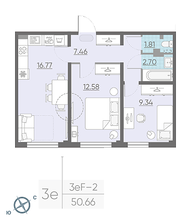 Двухкомнатная квартира 50.66 м²
