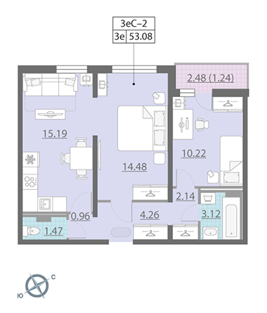 Двухкомнатная квартира 53.08 м²