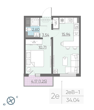 Однокомнатная квартира 34.04 м²