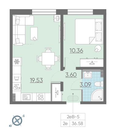 Однокомнатная квартира 36.58 м²