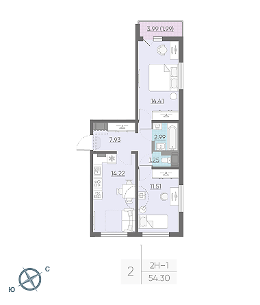 Двухкомнатная квартира 54.3 м²
